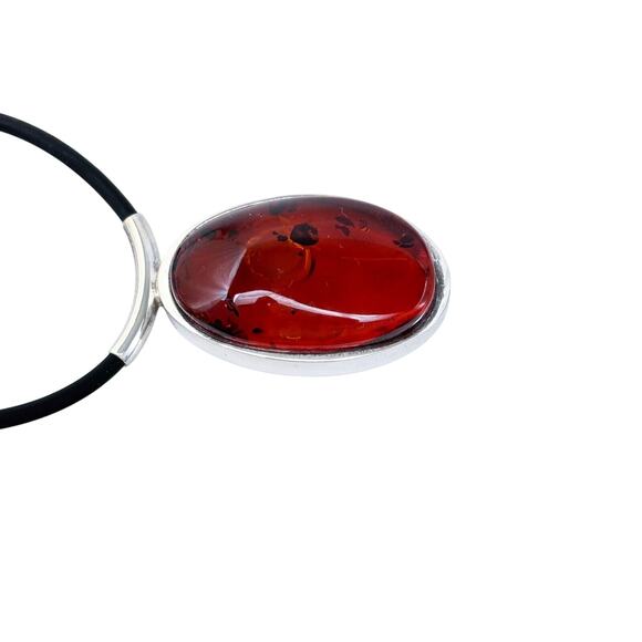 Rubber Necklace with Amber Pendant | Vintage Sterling Silver 925 | 18" - Picture 5 of 7